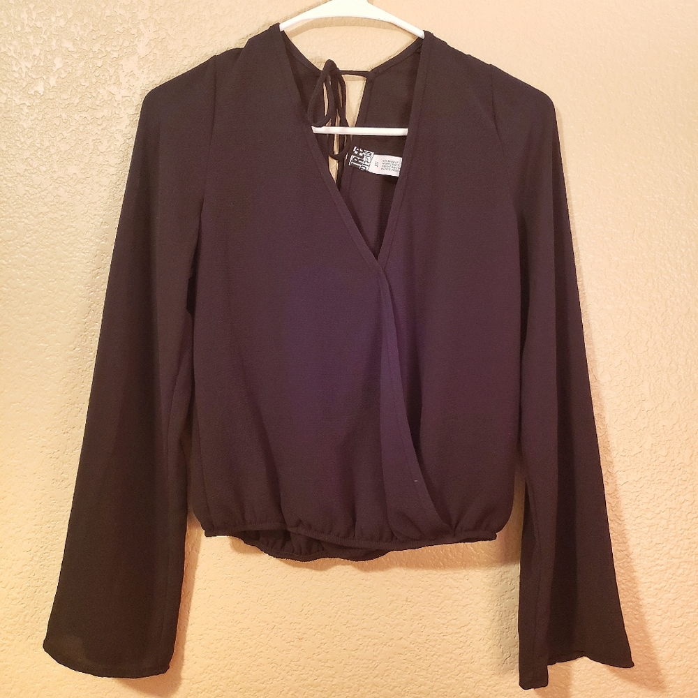 Free Press black open wrap around black blouse